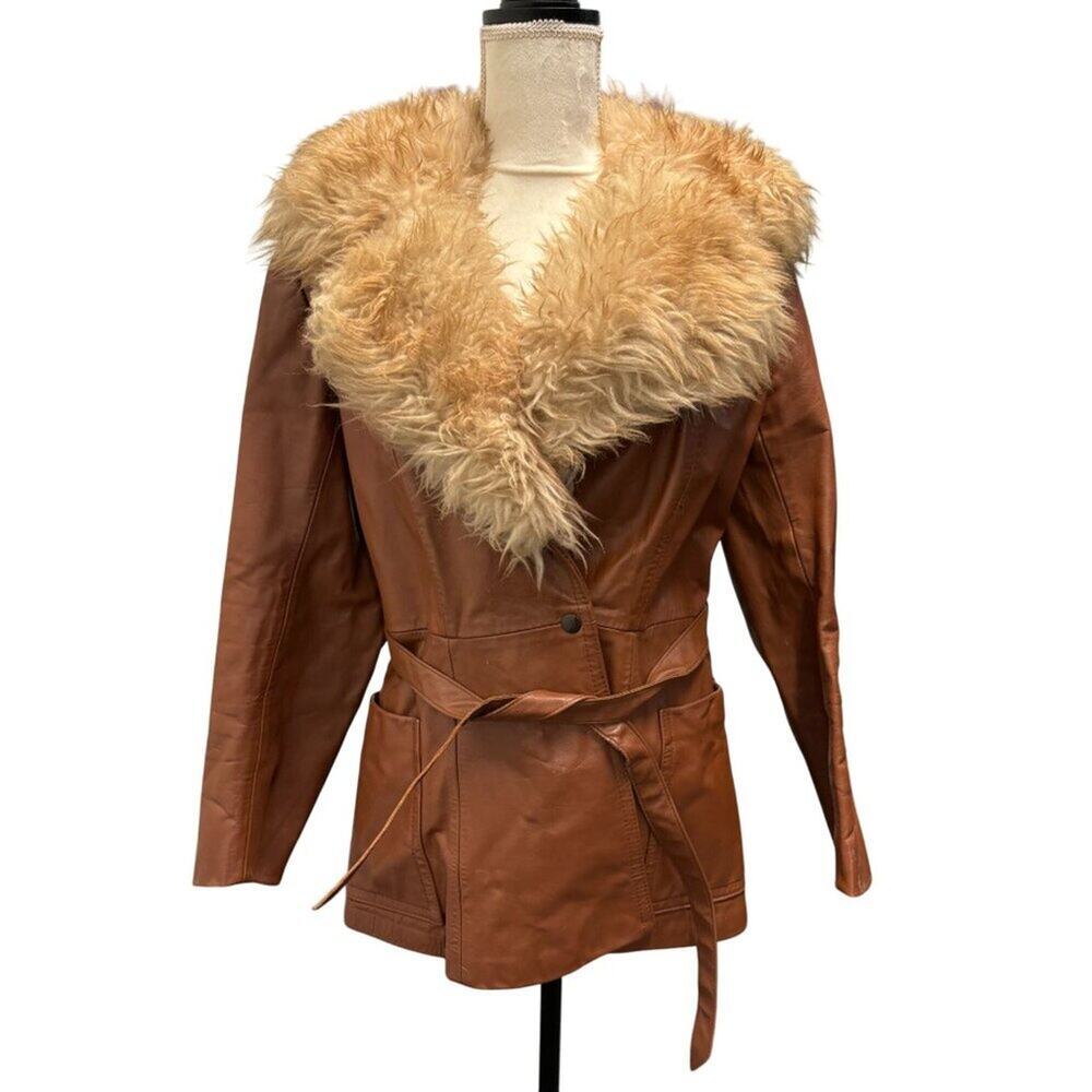 Vintage 1960s Brown Leather Belted Penny Lane Jacket With Faux Fur Collar